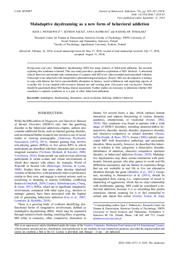 (PDF) Maladaptive daydreaming as a new form of behavioral addiction