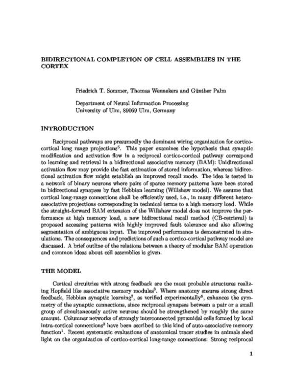 (PDF) Bidirectional Completion of Cell Assemblies in The Cortex