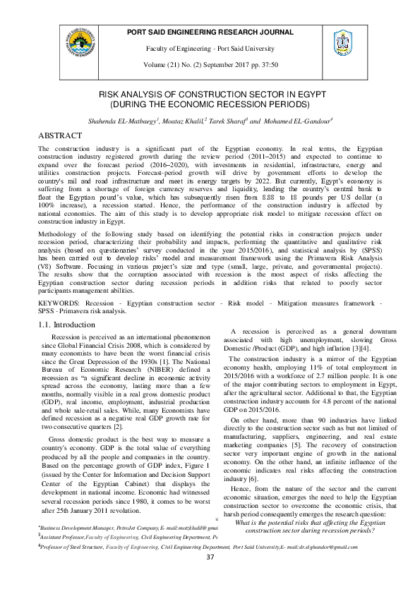 (PDF) Risk Analysis of Construction Sector in Egypt (During the ...