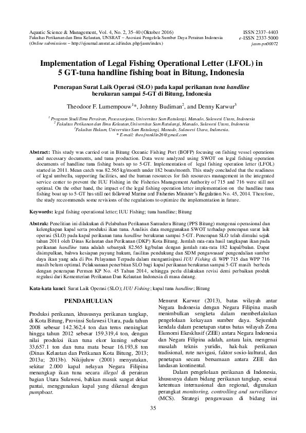 (PDF) Implementation of Legal Fishing Operational Letter (LFOL) in 5 GTtuna handline fishing
