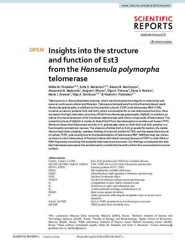 (PDF) Insights into the structure and function of Est3 from the ...