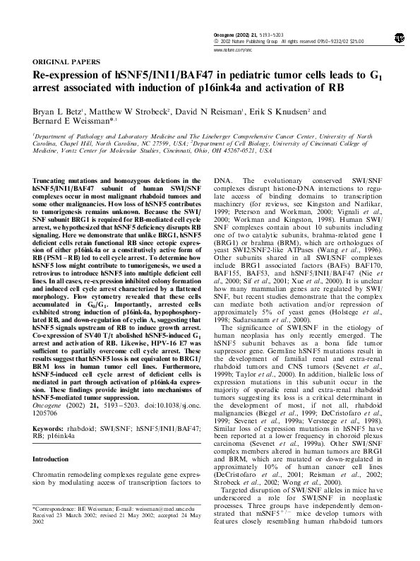 (PDF) Re-expression of hSNF5/INI1/BAF47 in pediatric tumor cells leads ...
