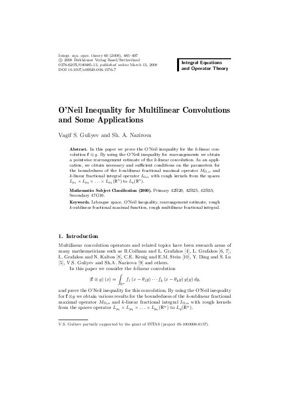 First page of “O’Neil Inequality for Multilinear Convolutions and Some Applications”