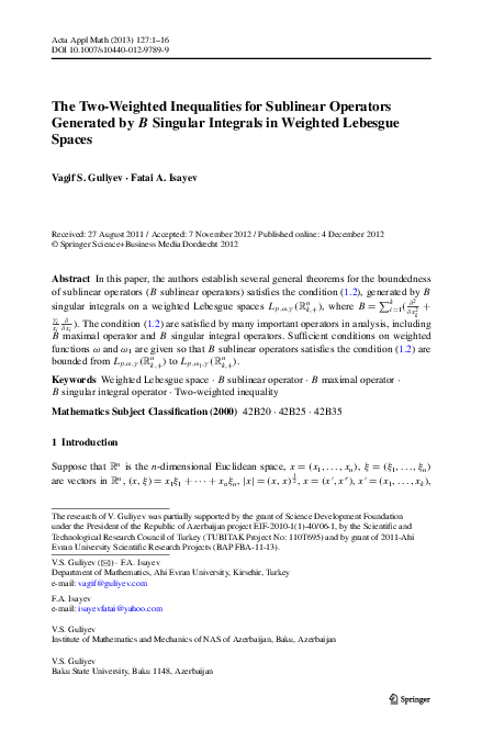 First page of “The Two-Weighted Inequalities for Sublinear Operators Generated by B Singular Integrals in Weighted Lebesgue Spaces”