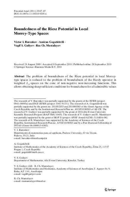 First page of “Sufficient Conditions for Boundedness of the Riesz Potential in Local Morrey-Type Spaces”