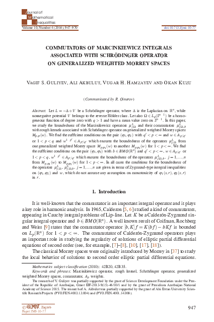 First page of “Commutators of Marcinkiewicz integrals associated with Schrödinger operator on generalized weighted Morrey spaces”