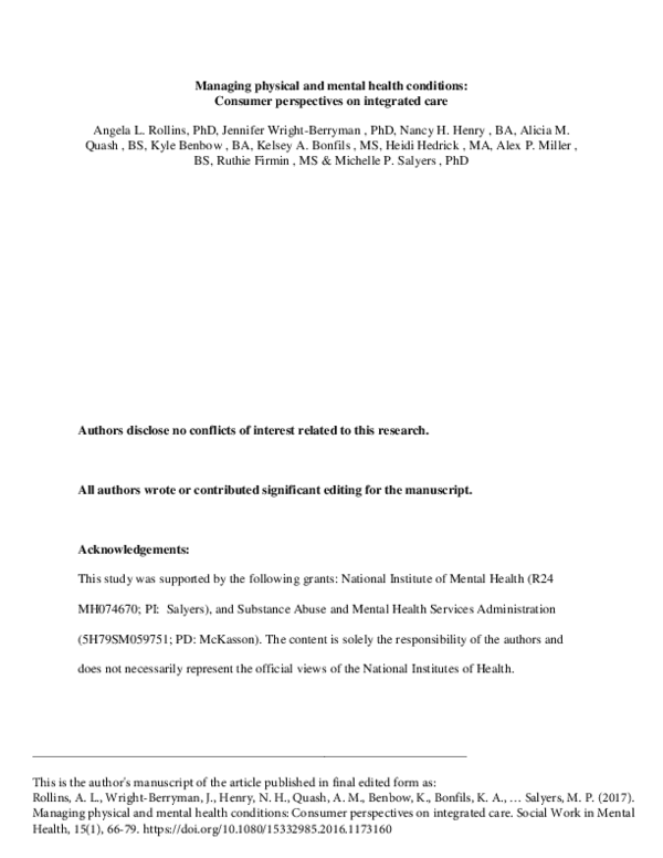 (PDF) Managing Physical and Mental Health Conditions: Consumer ...