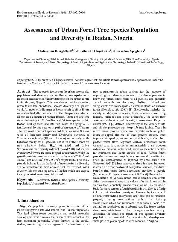 (PDF) Assessment of Urban Forest Tree Species Population and Diversity ...