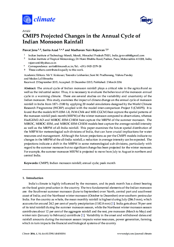 (PDF) CMIP5 Projected Changes in the Annual Cycle of Indian Monsoon ...