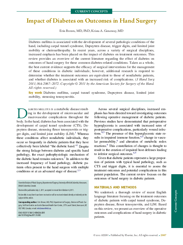 (PDF) Impact of Diabetes on Outcomes in Hand Surgery