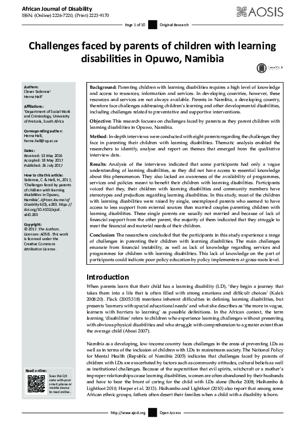 (PDF) Challenges faced by parents of children with learning ...