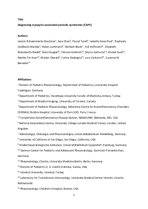(PDF) Diagnostic criteria for cryopyrinassociated periodic syndrome (CAPS) Susanne Benseler