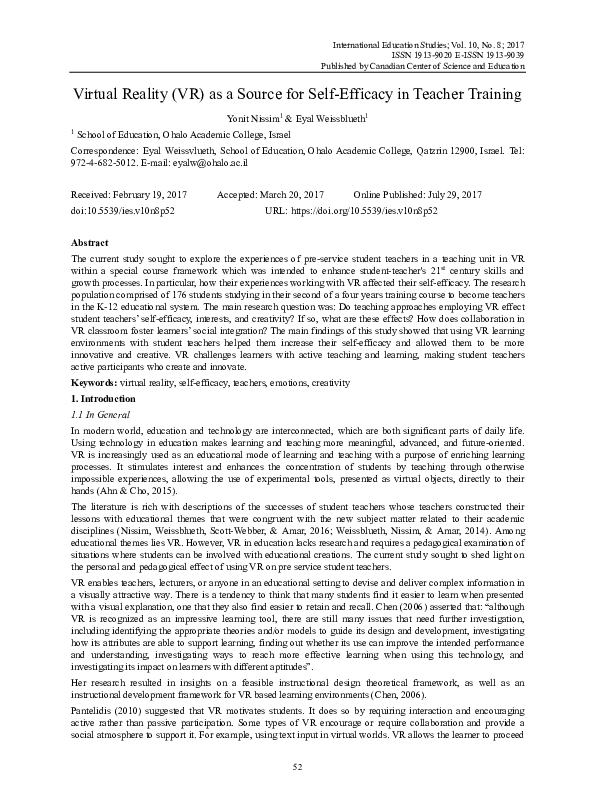 (PDF) Virtual Reality (VR) as a Source for Self-Efficacy in Teacher ...