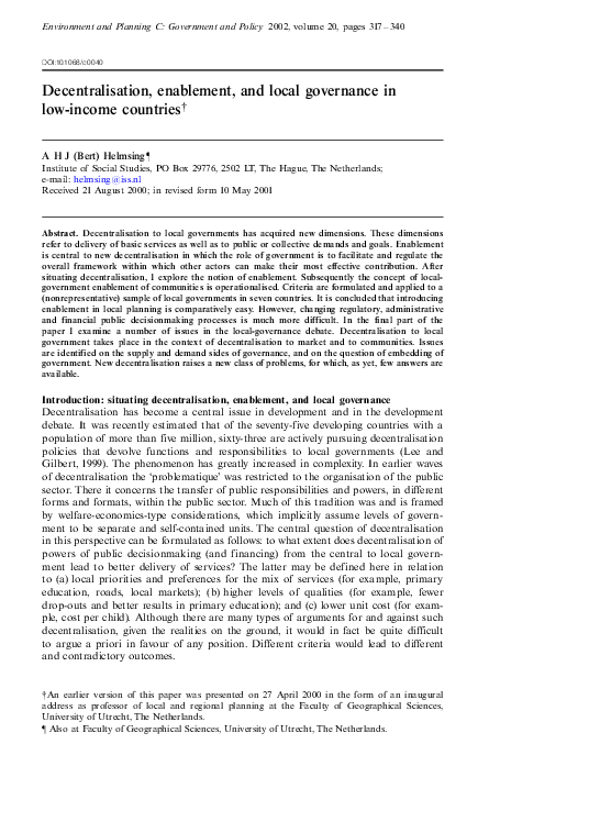 (PDF) Decentralisation, enablement, and local governance in low-income ...