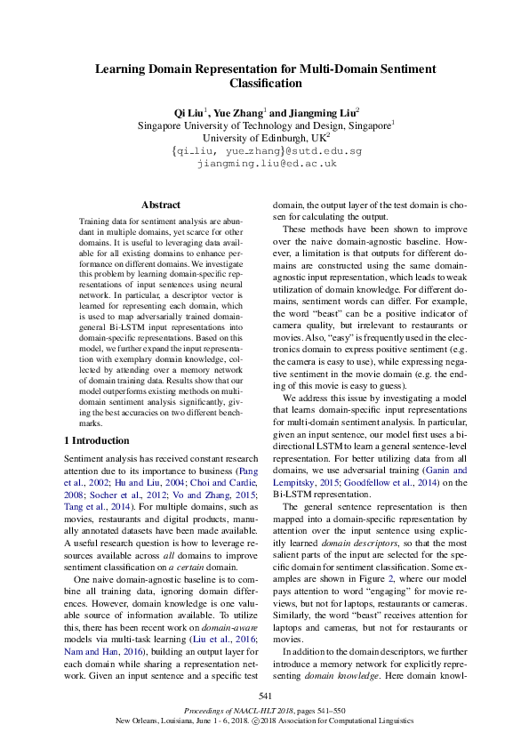(PDF) Learning Domain Representation for Multi-Domain Sentiment ...