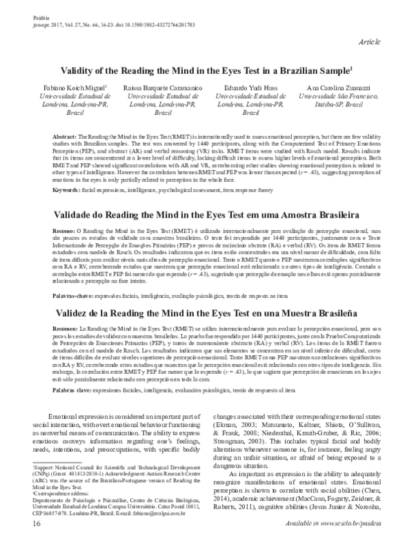 (PDF) Validity of the Reading the Mind in the Eyes Test in a Brazilian ...