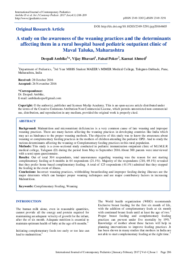 (PDF) A study on the awareness of the weaning practices and the ...