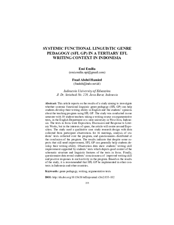 (PDF) Systemic Functional Linguistic Genre Pedagogy (SFL GP) in a ...