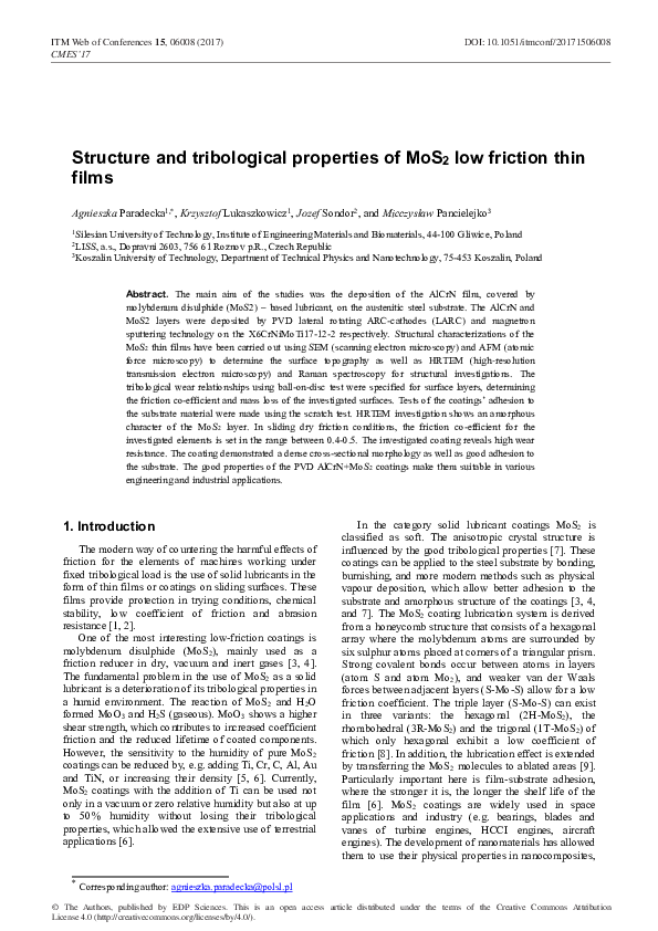 (PDF) Structure and tribological properties of MoS2 low friction thin films