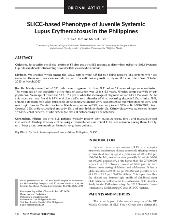 (PDF) SLICC-based Phenotype of Juvenile Systemic Lupus Erythematosus in ...