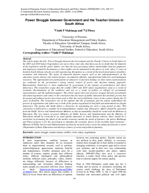 (PDF) Power Struggle between Government and the Teacher Unions in South ...