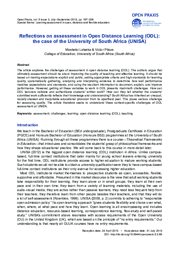 (PDF) Reflections on assessment in Open Distance Learning (ODL): the ...