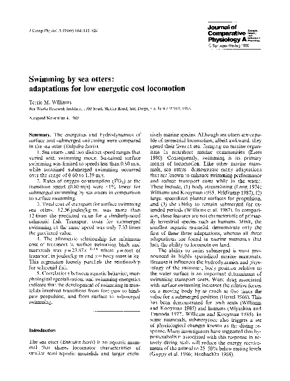 (PDF) Swimming by sea otters: adaptations for low energetic cost