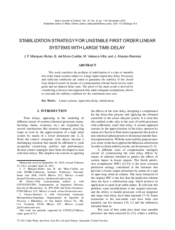 (PDF) Stabilization strategy for unstable first order linear systems ...