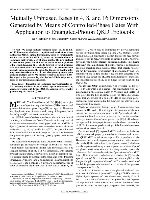 (PDF) Mutually Unbiased Bases in 4, 8, and 16 Dimensions Generated by ...