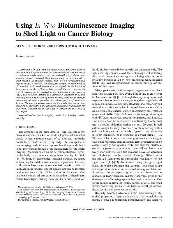 (PDF) Using in Vivo Bioluminescence Imaging to Shed Light on Cancer Biology