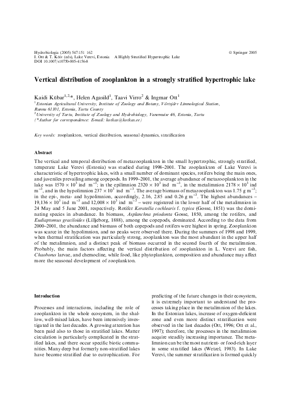 (PDF) Vertical Distribution of Zooplankton in a Strongly Stratified ...