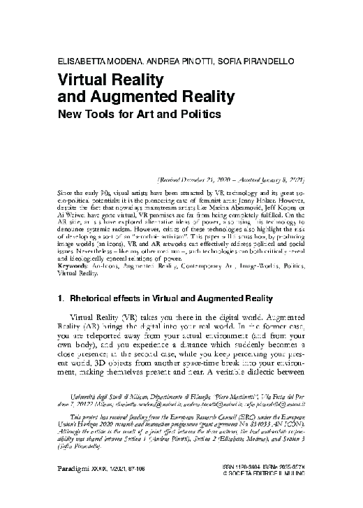 (PDF) Virtual Reality and Augmented Reality. New Tools for Art and Politics