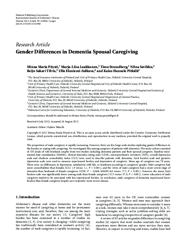 (PDF) Gender differences in dementia spousal caregiving