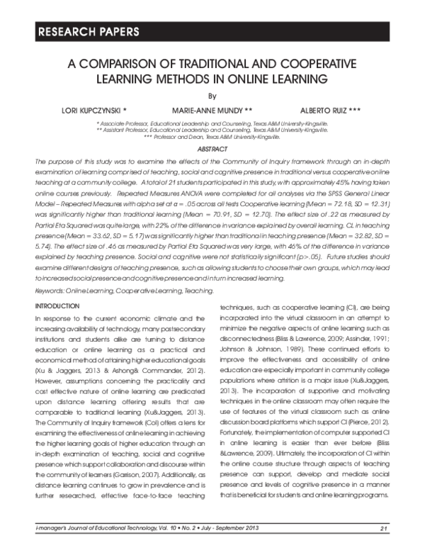 (PDF) A Comparison Of Traditional And Cooperative Learning Methods In ...