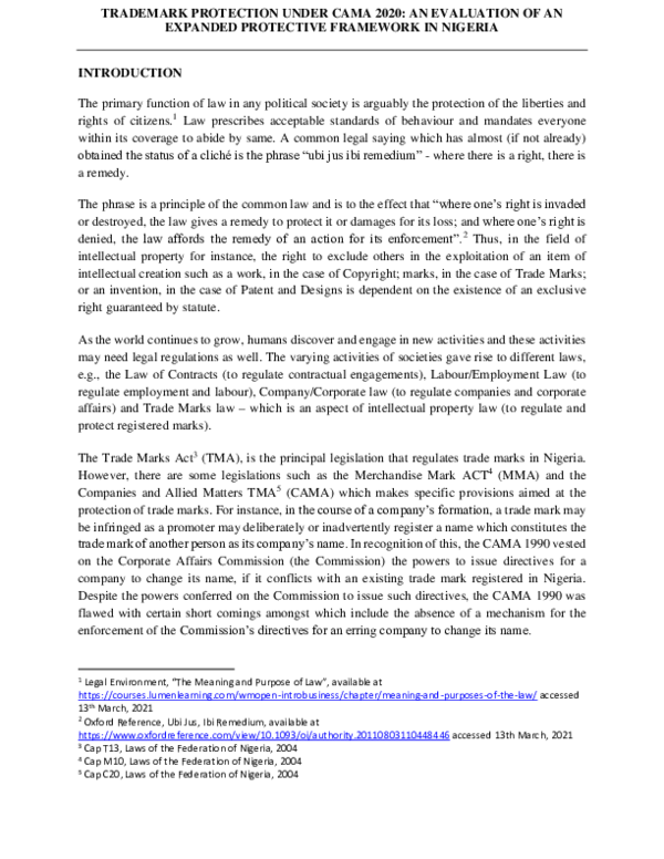 (PDF) TRADEMARK PROTECTION UNDER CAMA 2020 AN EVALUATION OF AN