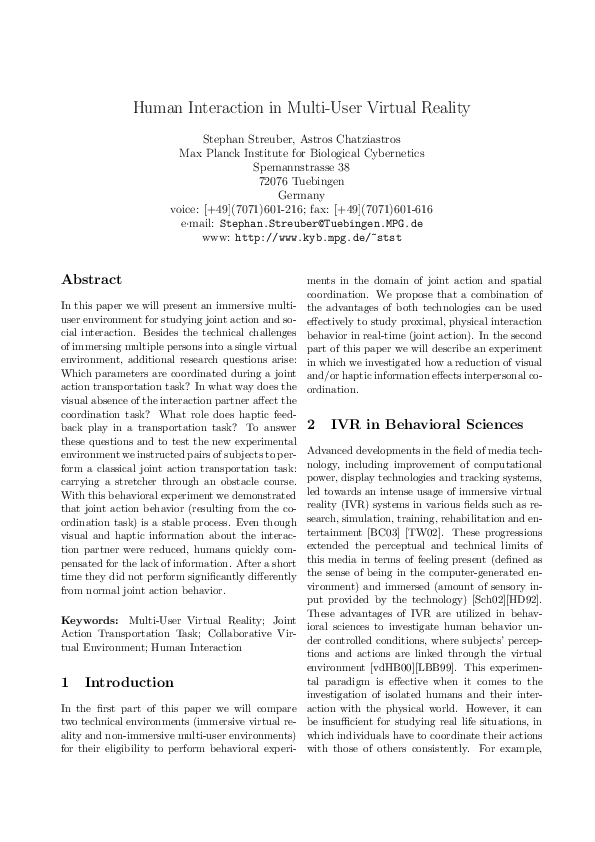 (PDF) Human Interaction in Multi-User Virtual Reality