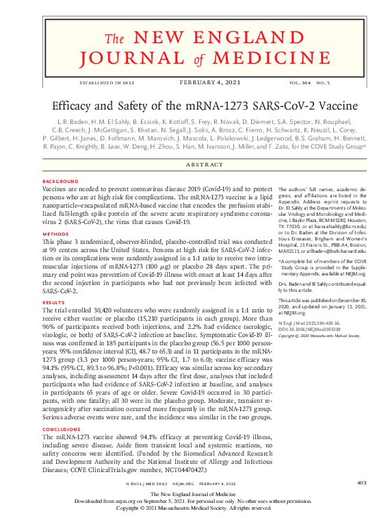 (PDF) Efficacy and Safety of the mRNA-1273 SARS-CoV-2 Vaccine