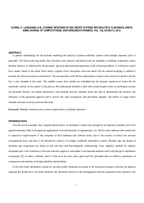(PDF) Dynamic response of multibody systems with multiple clearance joints