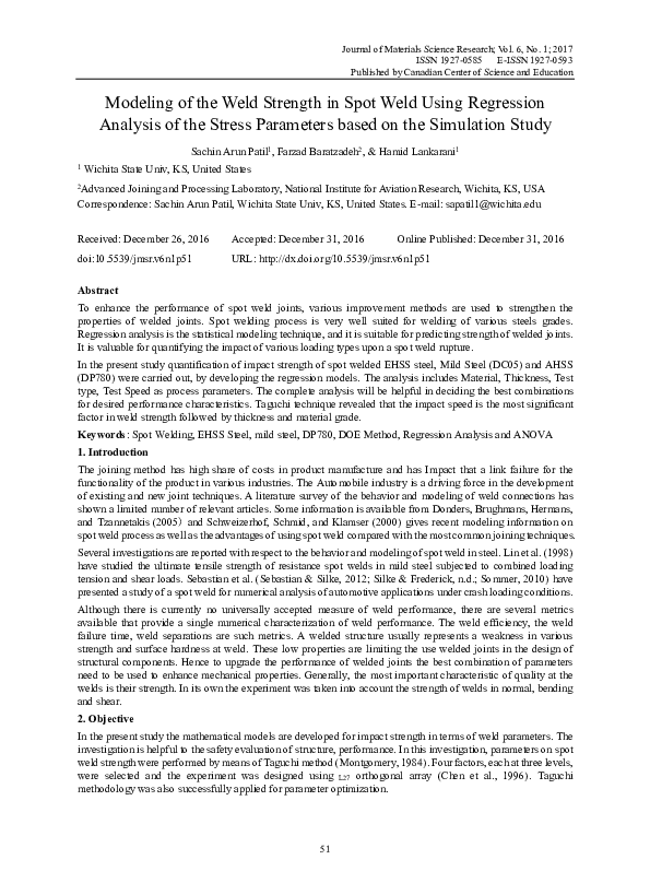 (PDF) Modeling of the Weld Strength in Spot Weld Using Regression Analysis of the Stress