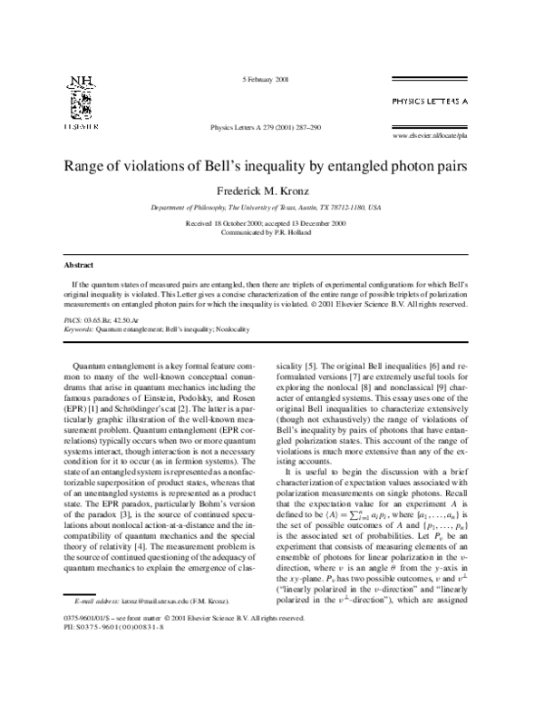 (PDF) Range of violations of Bell's inequality by entangled photon pairs