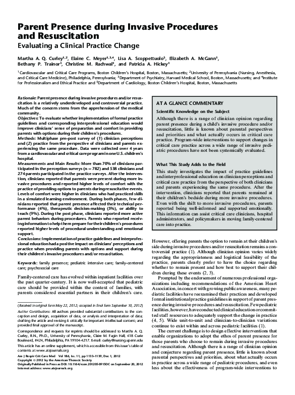 (PDF) Parent Presence during Invasive Procedures and Resuscitation