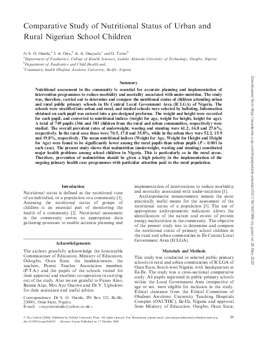 (PDF) Comparative study of nutritional status of urban and rural ...