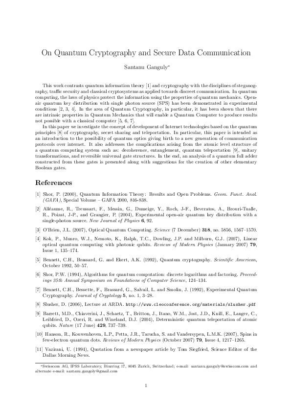 (PDF) On Quantum Cryptography and Secure Data Communication