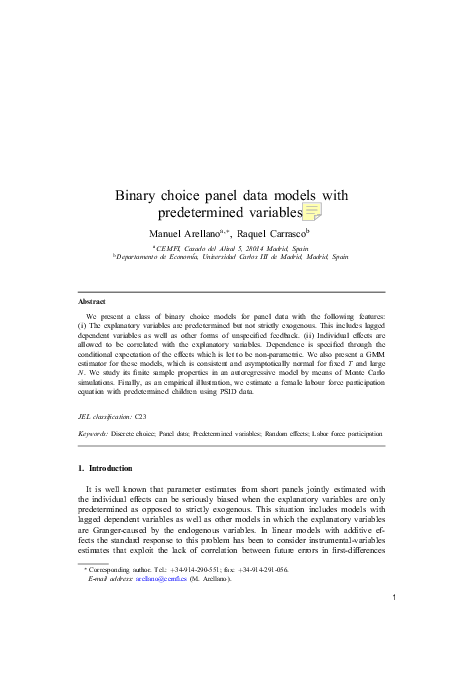 (PDF) Binary choice panel data models with predetermined variables