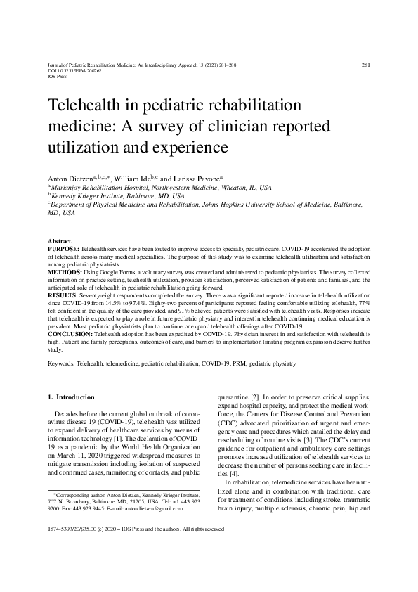 (PDF) Telehealth in pediatric rehabilitation medicine: A survey of ...