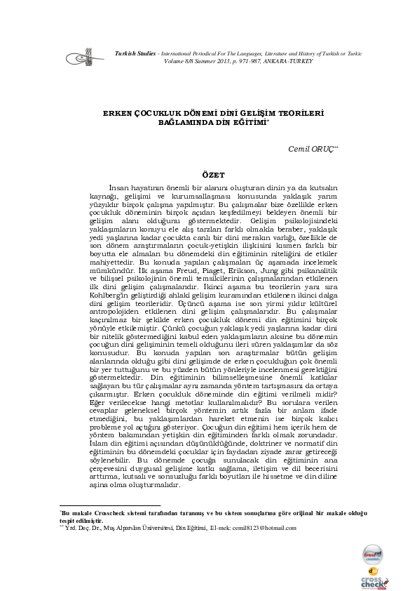 (PDF) Erken Çocukluk Dönemi Dini Gelişim Teorileri Bağlamında Din Eğitimi