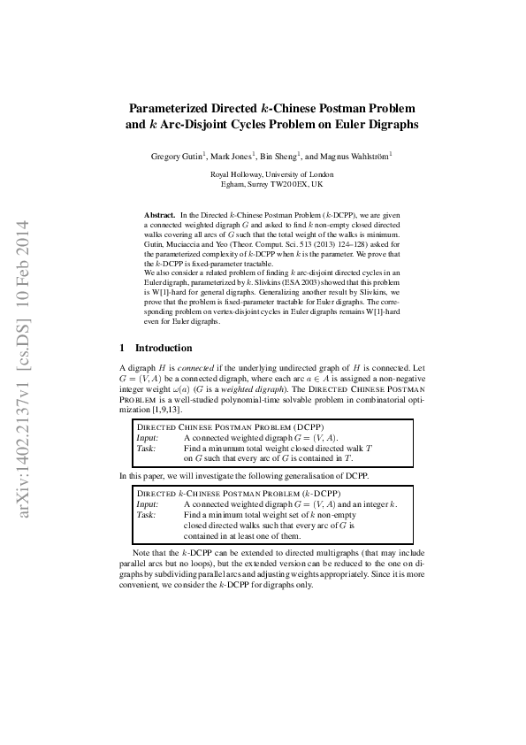 (PDF) Parameterized Directed $$k$$ -Chinese Postman Problem and $$k ...