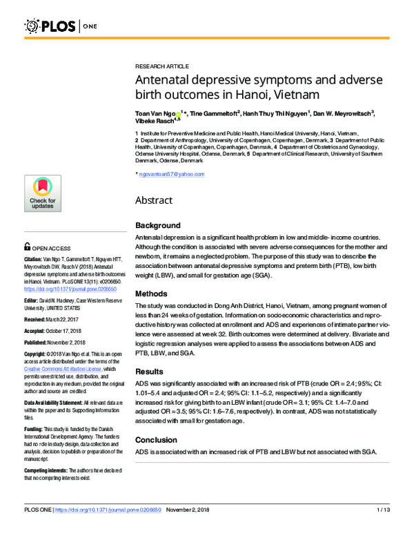 (PDF) Antenatal depressive symptoms and adverse birth outcomes in Hanoi ...