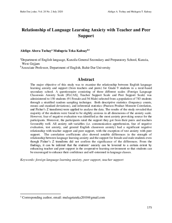 (PDF) Relationship of Language Learning Anxiety with Teacher and Peer ...