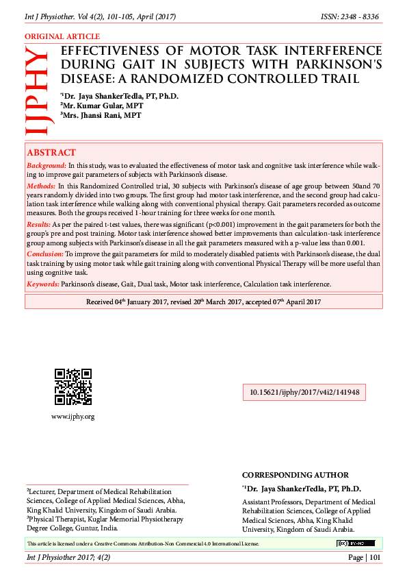 (PDF) Effectiveness of Motor Task Interference during Gait in Subjects ...